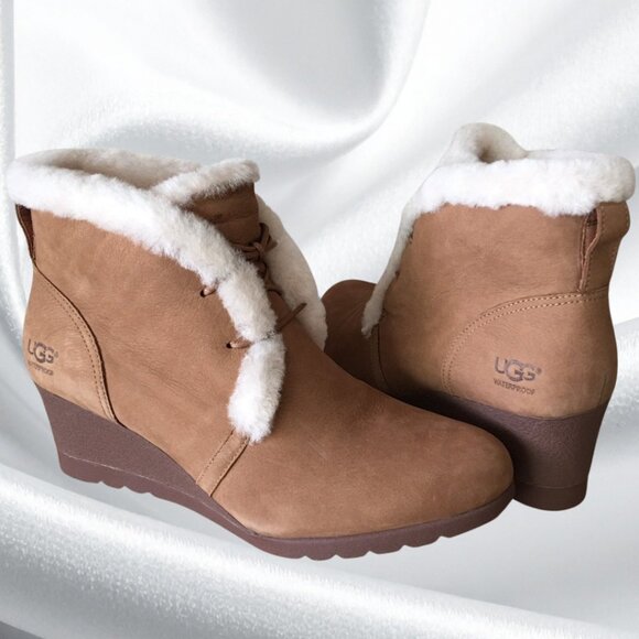 UGG Jeovana Waterproof Wedge Ankle Boots Women Size 9.5 Tan Chestnut Suede - Picture 4 of 14